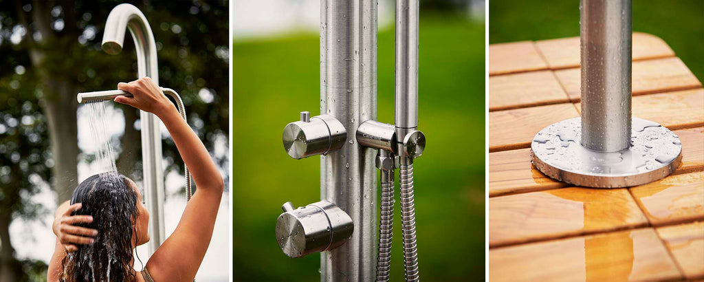 Stainless steel shower with adjustable settings and a solid base, demonstrated with water flowing over a user.
