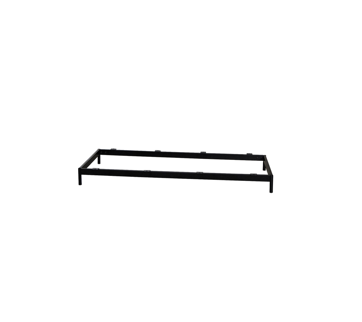 Metal bed frame in a simple rectangular design, featuring a sleek black finish for versatile decor compatibility.