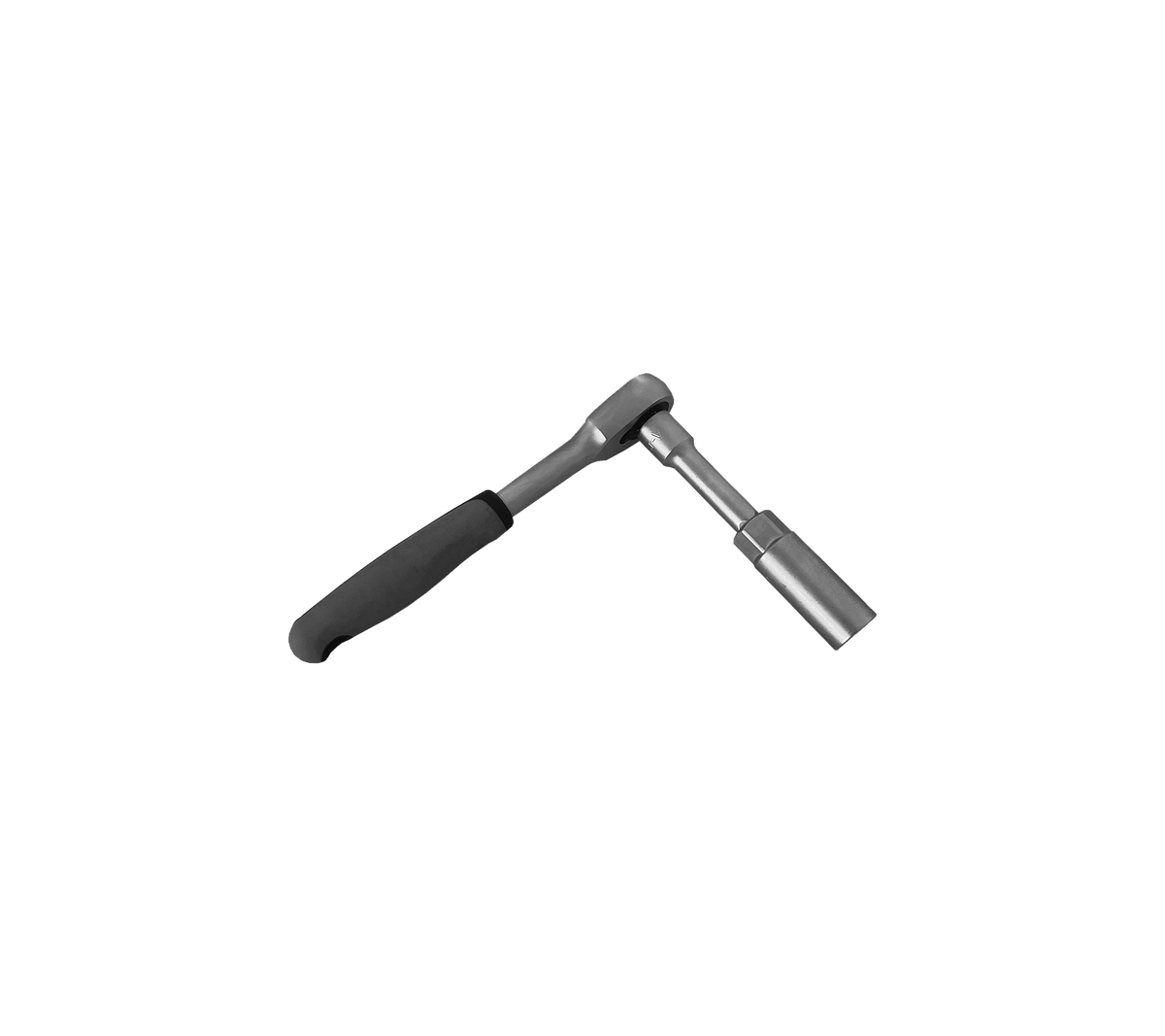 A metal ratchet wrench with a textured handle for grip, designed for tightening and loosening bolts and nuts.