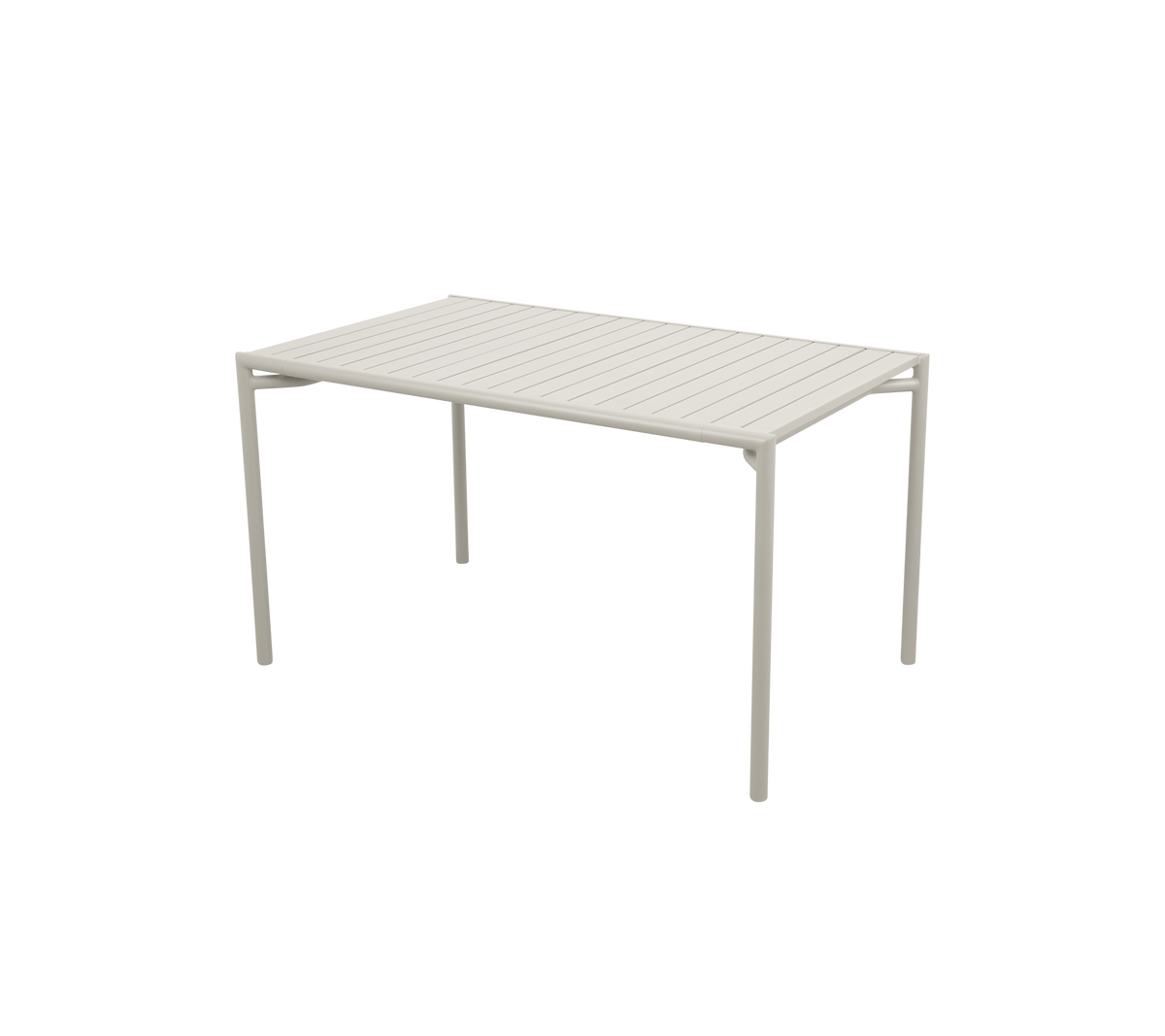 Rectangular table with a slatted surface and four straight legs, featuring a modern and minimalist design in a light color.