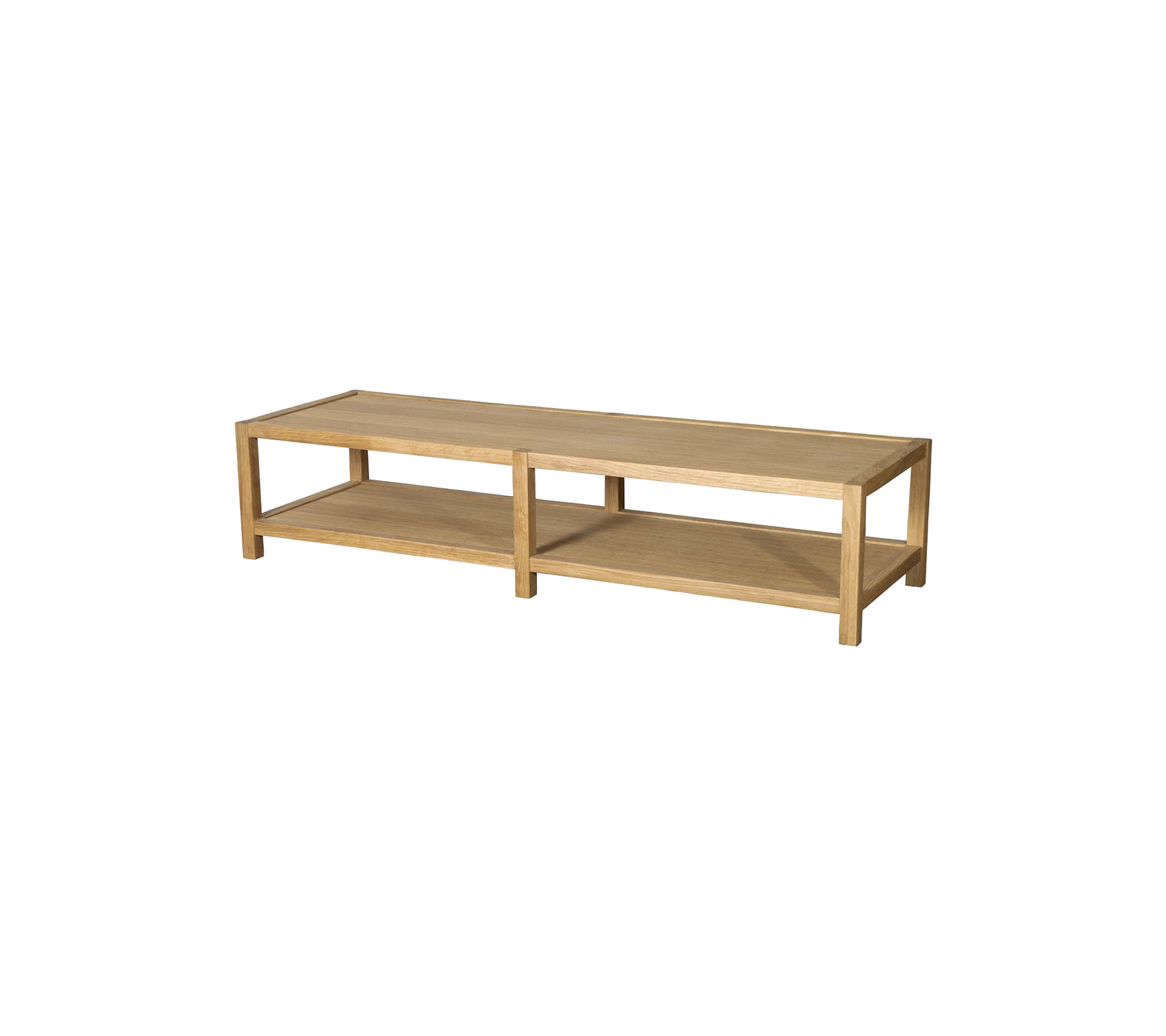 Wooden storage shelf with two open compartments, designed for organizing items and displaying decor.