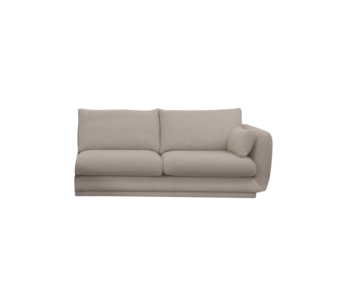 Light brown modern sofa with two cushions in a lounge setting.