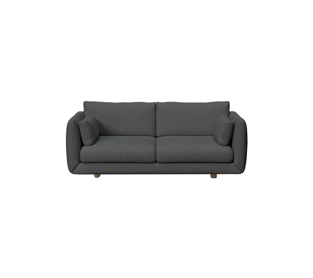 Dark green sofa with two cushions in a modern lounge setting.