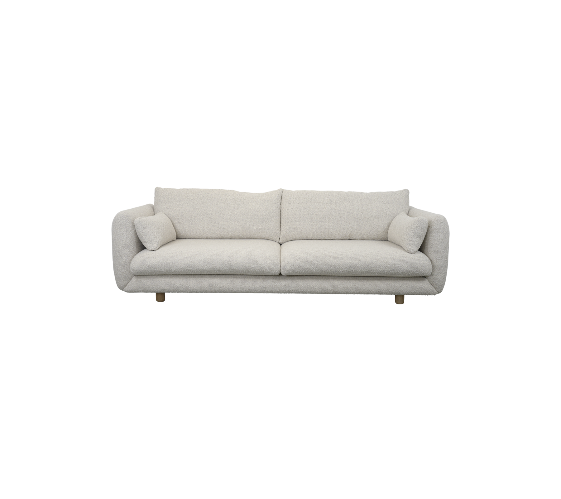 Light-colored, plush sofa with two matching cushions, featuring a modern design and clean lines for a stylish seating option.