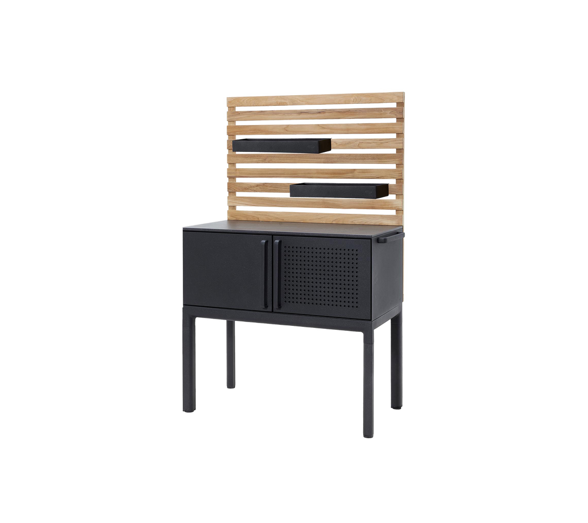 Stylish cabinet featuring a wooden slatted shelf and a sleek black base with doors and perforated detailing for storage and display.
