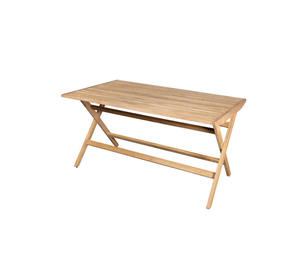 Light wooden table with a smooth surface and crossed legs, suitable for various uses.