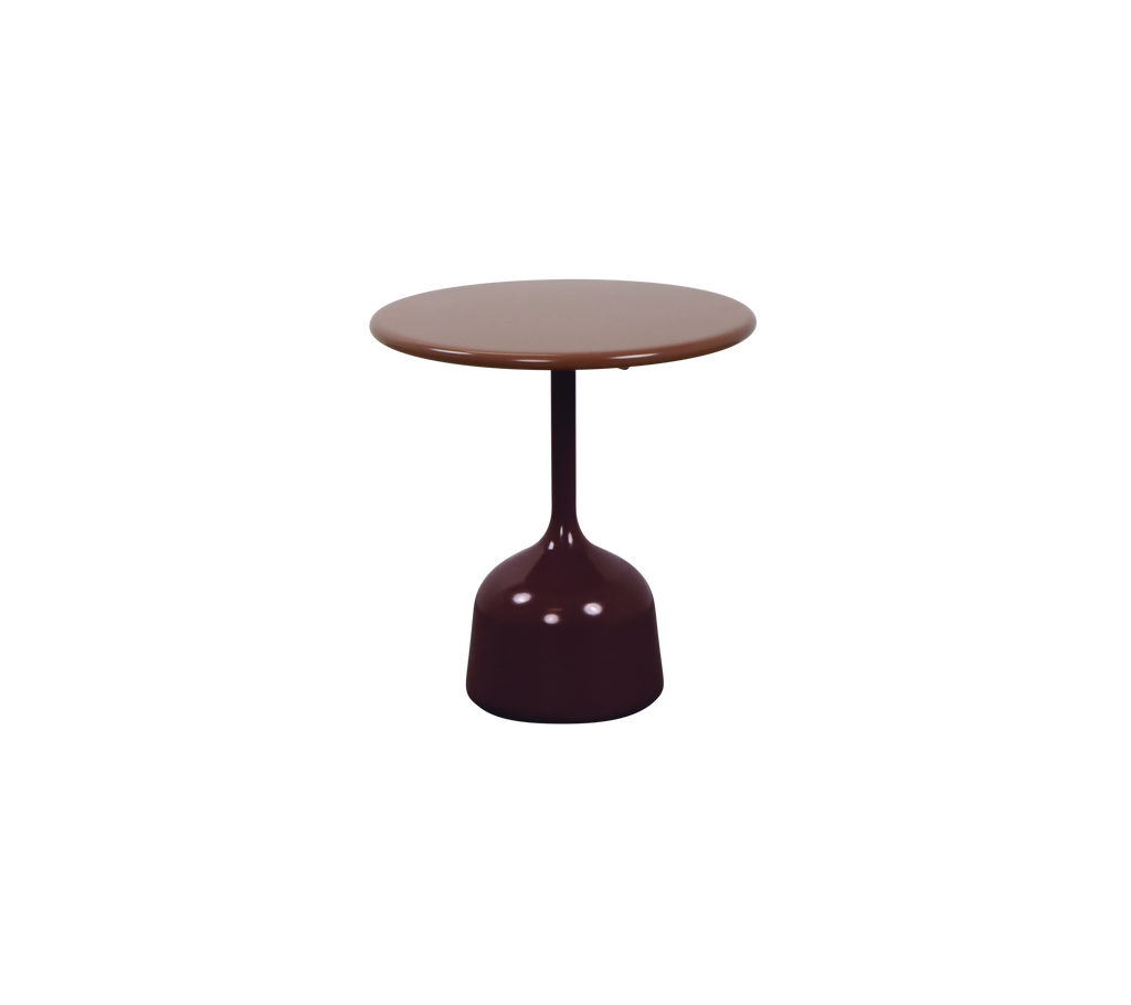 Burgundy table with a round top and a pedestal base.