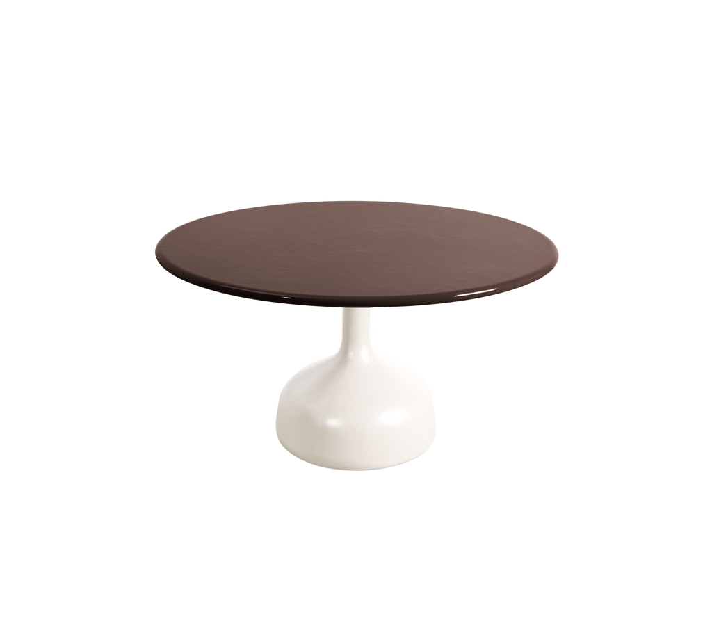 Modern round table with a burgundy top and white pedestal base.