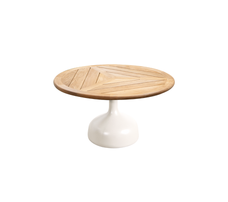 Round table featuring a wooden top with geometric patterns and a sleek white pedestal base. Ideal for modern and stylish spaces.