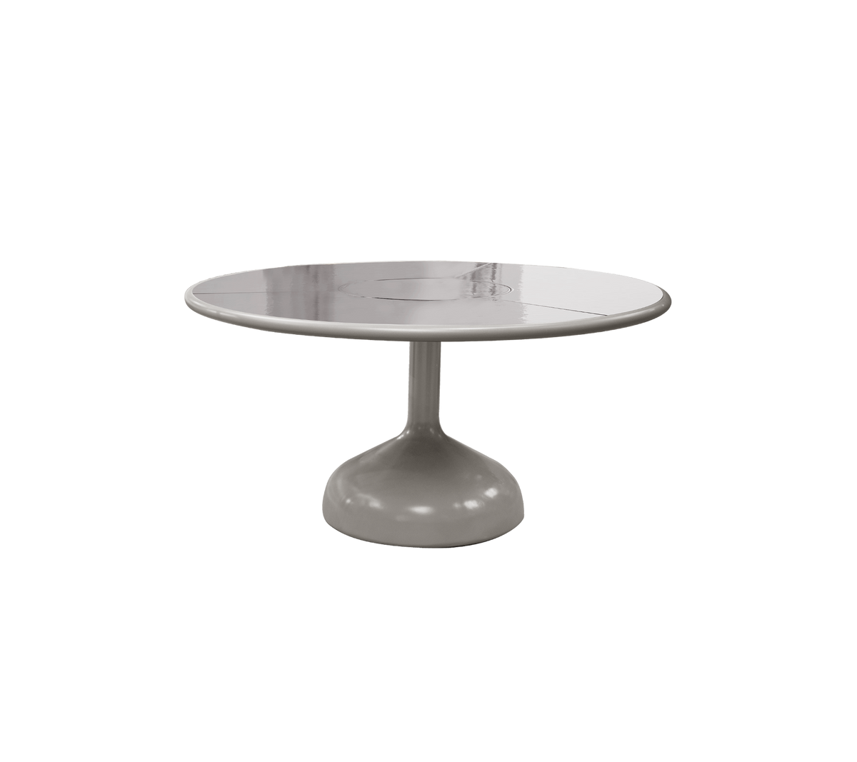 Round table with a smooth, glossy surface and a sturdy pedestal base, showcasing a modern and minimalistic design.