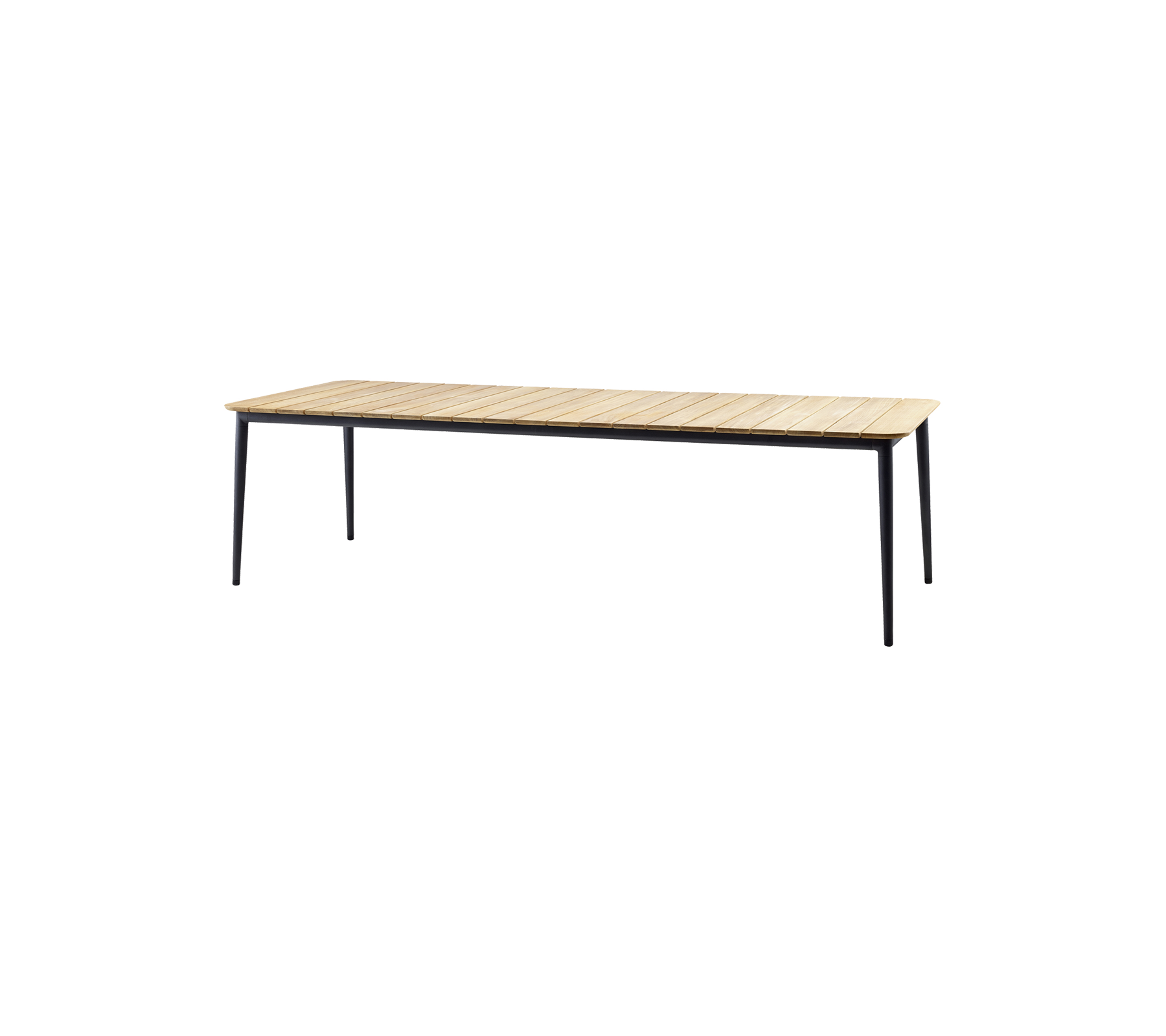 Wooden dining table with a light-colored surface and sleek black legs, perfect for modern spaces.