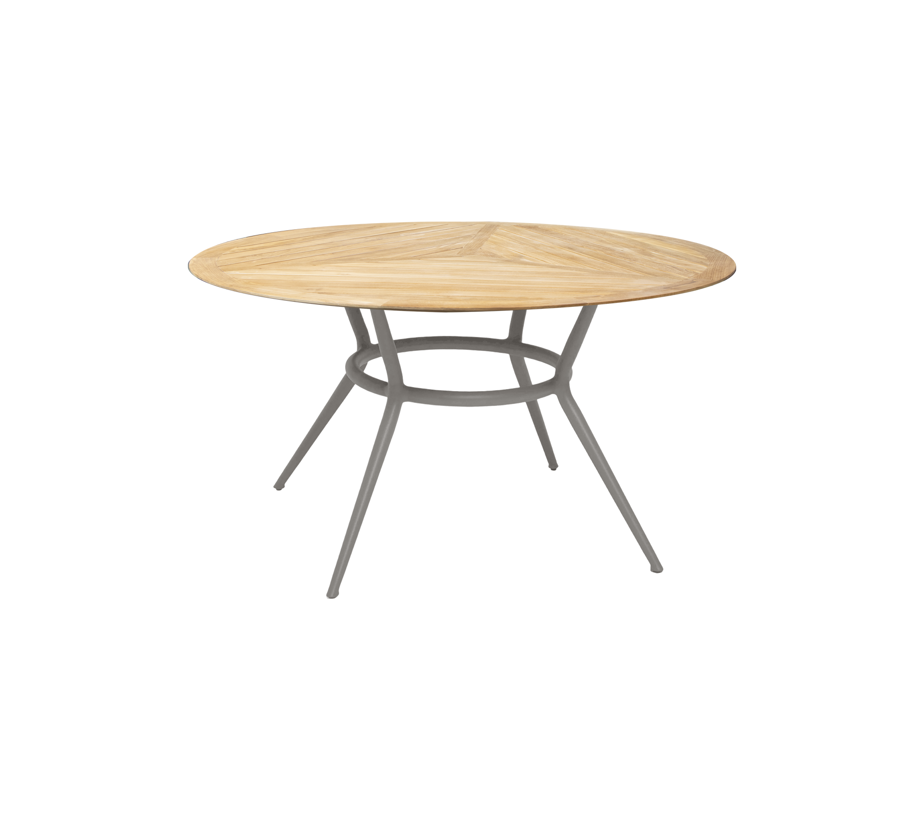 Round wooden table with a light wood finish and sturdy grey legs, offering a modern and stylish design for various settings.