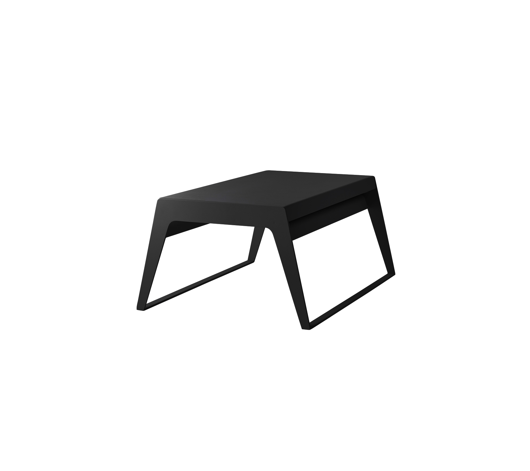 A minimalist black table with a sleek design, featuring angled legs and a rectangular top, suitable for various uses.