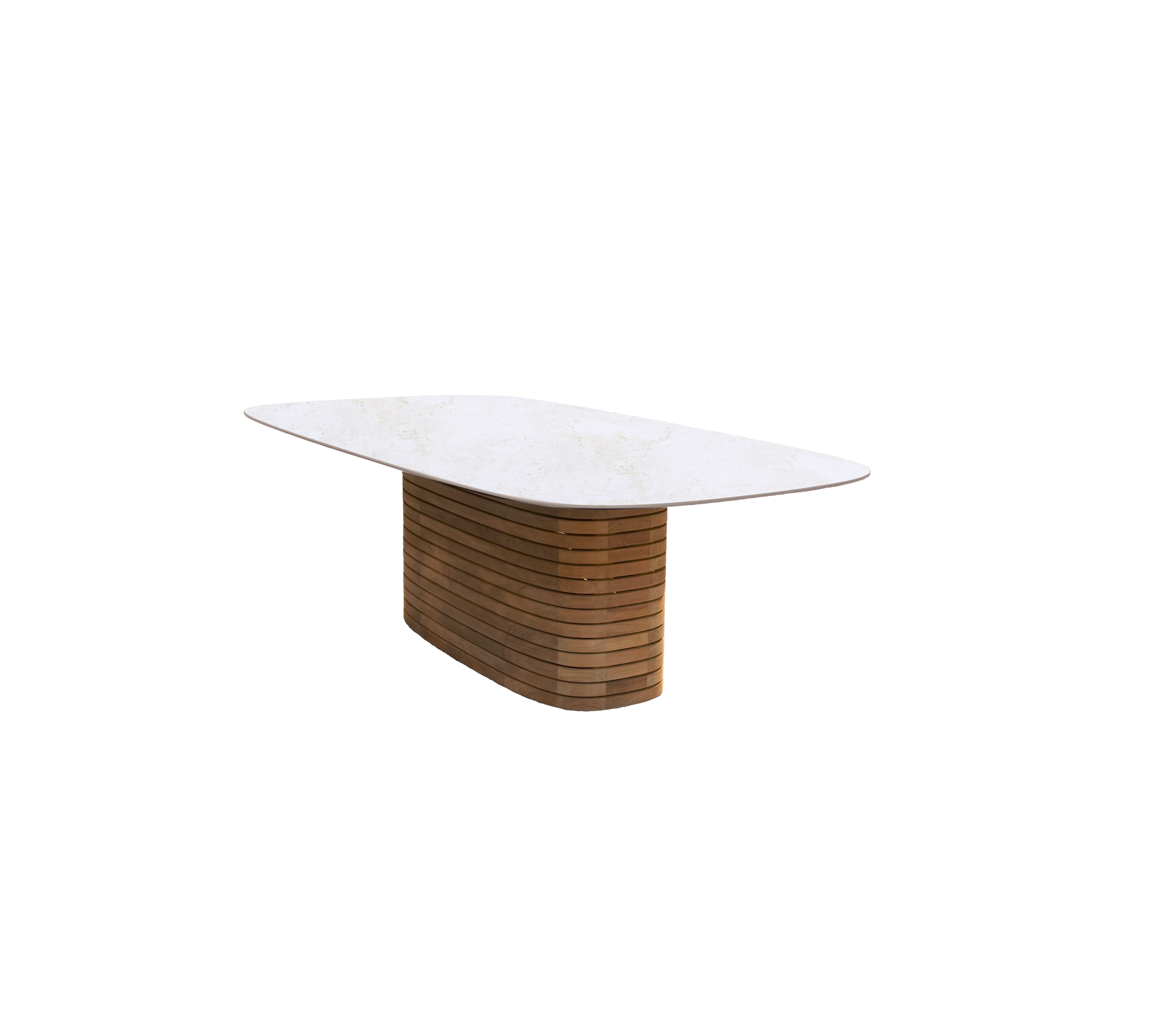 Modern dining table featuring a teak base and a travertine look top.