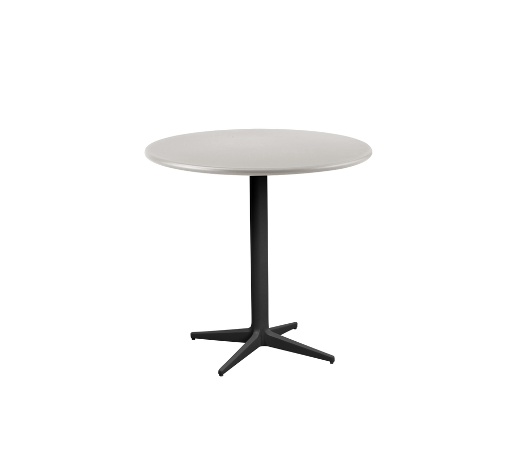 Modern grey table with a round top and black base.