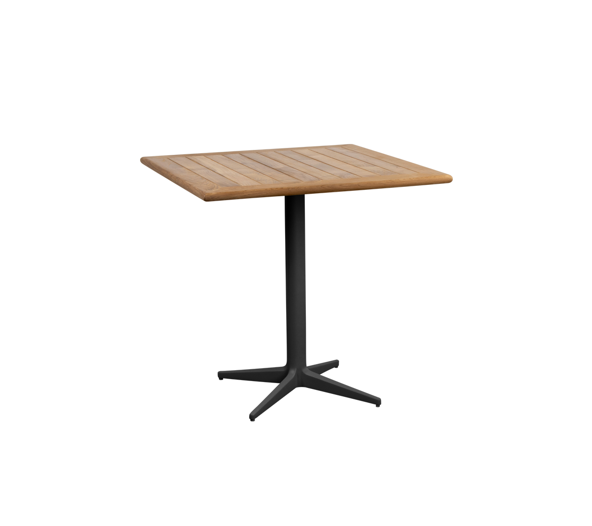Square table with a wooden top and a sleek black pedestal base, ideal for various settings and gatherings.