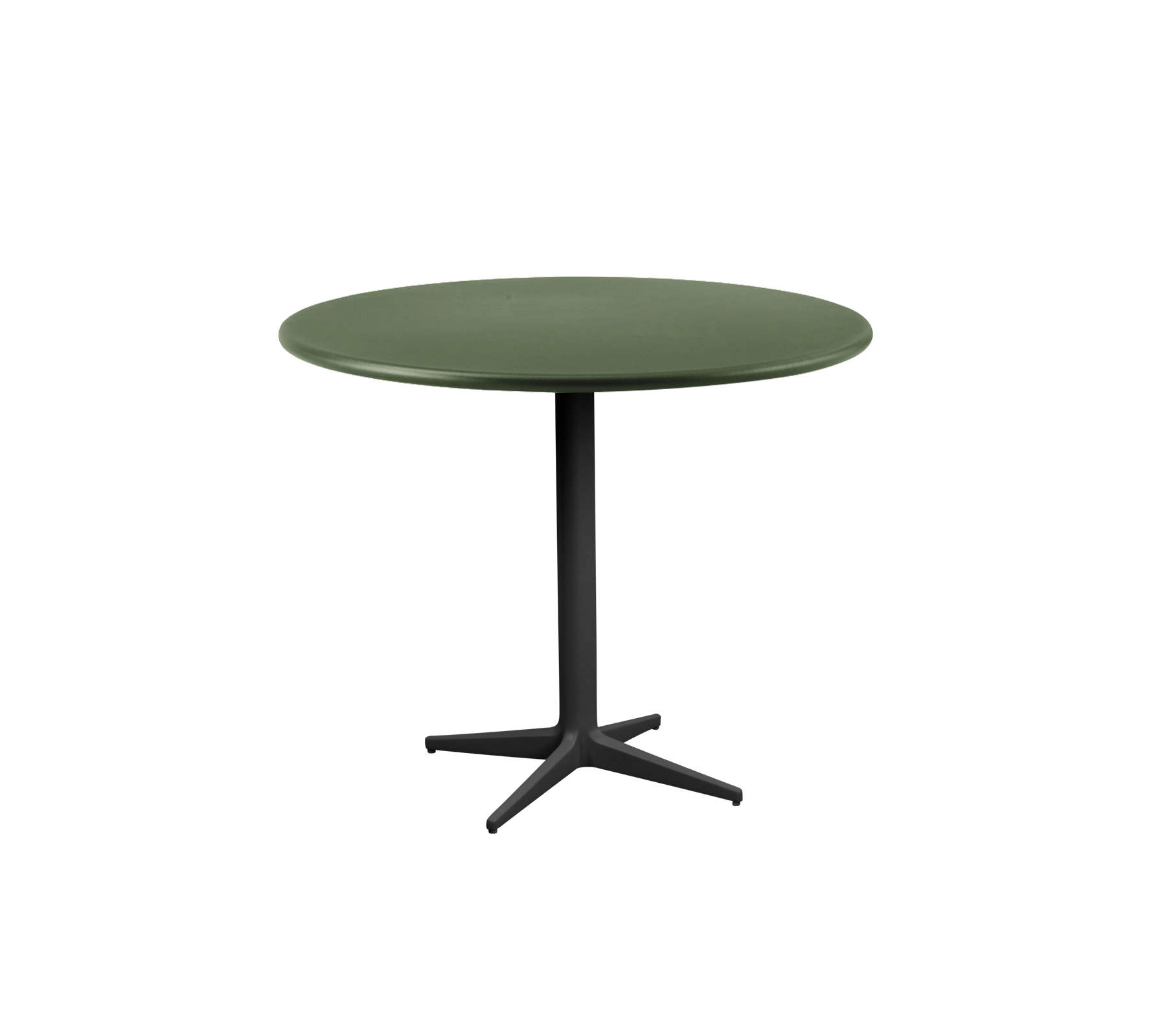 Round dark green table with a black base.