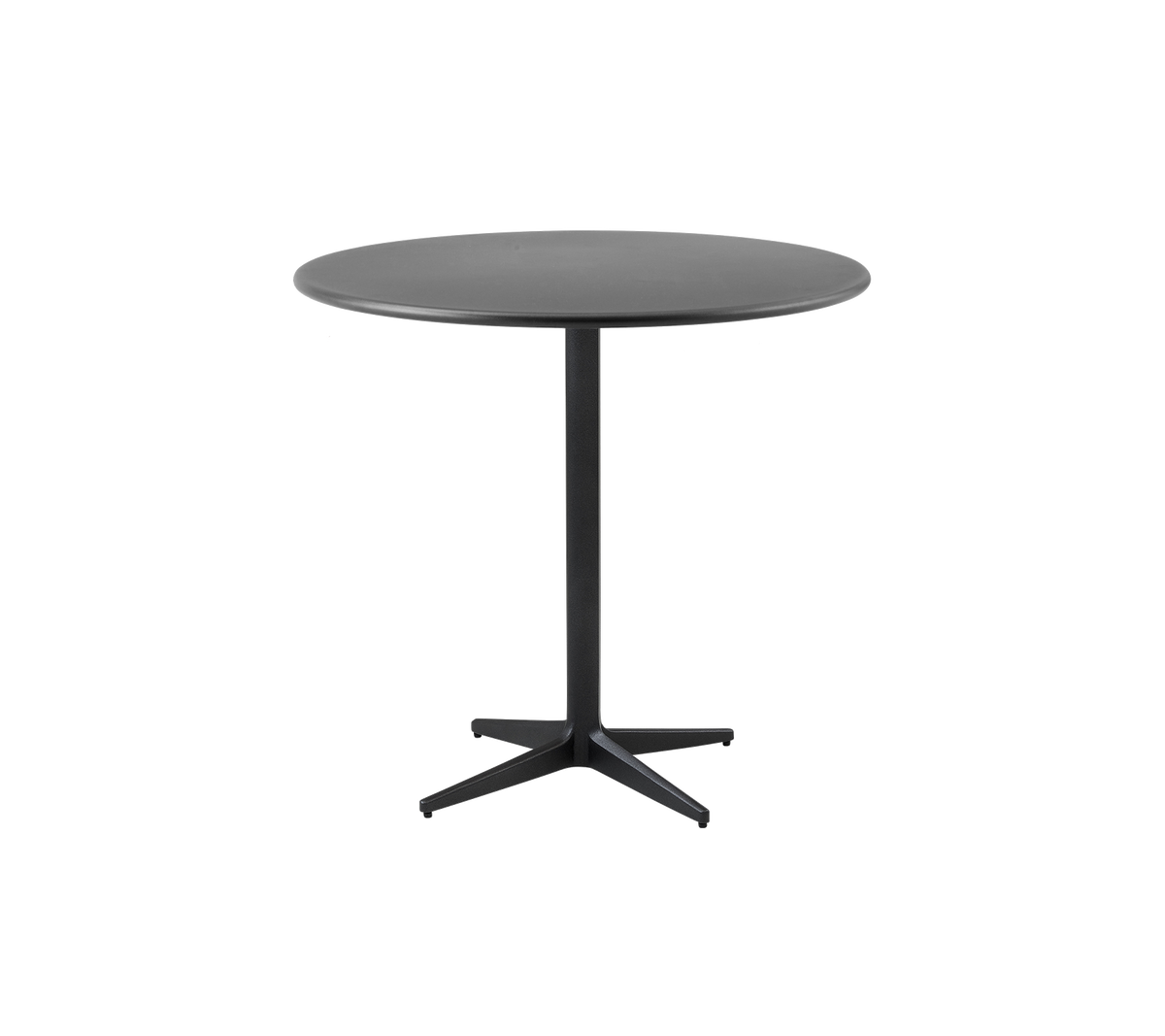 Round table with a sleek black finish and a minimalist design, featuring a sturdy central base for stability.