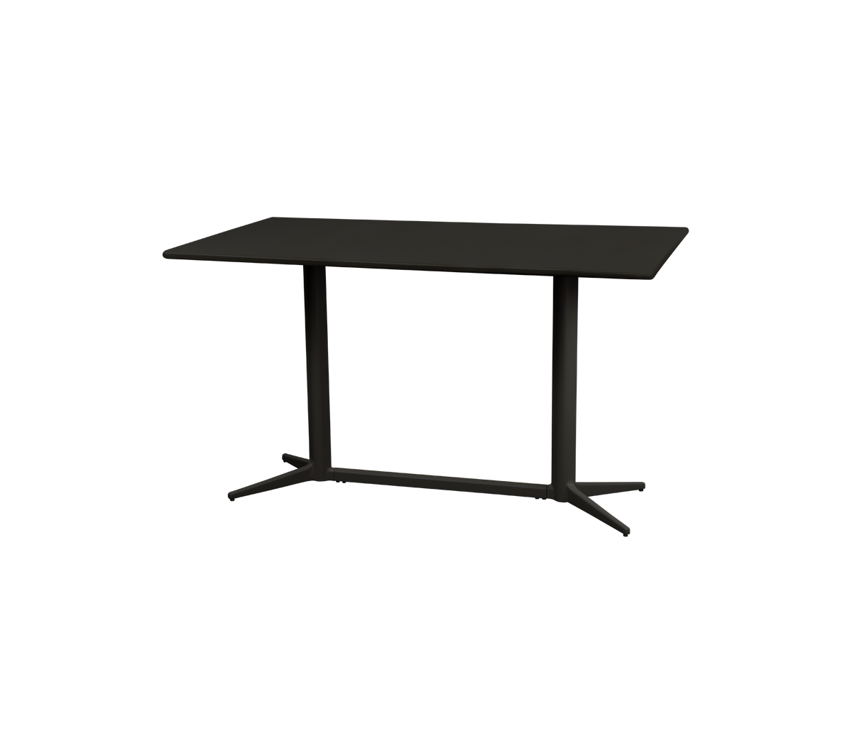 Modern table with a sleek rectangular surface and sturdy legs, featuring a minimalist design in a dark finish. Ideal for various spaces.