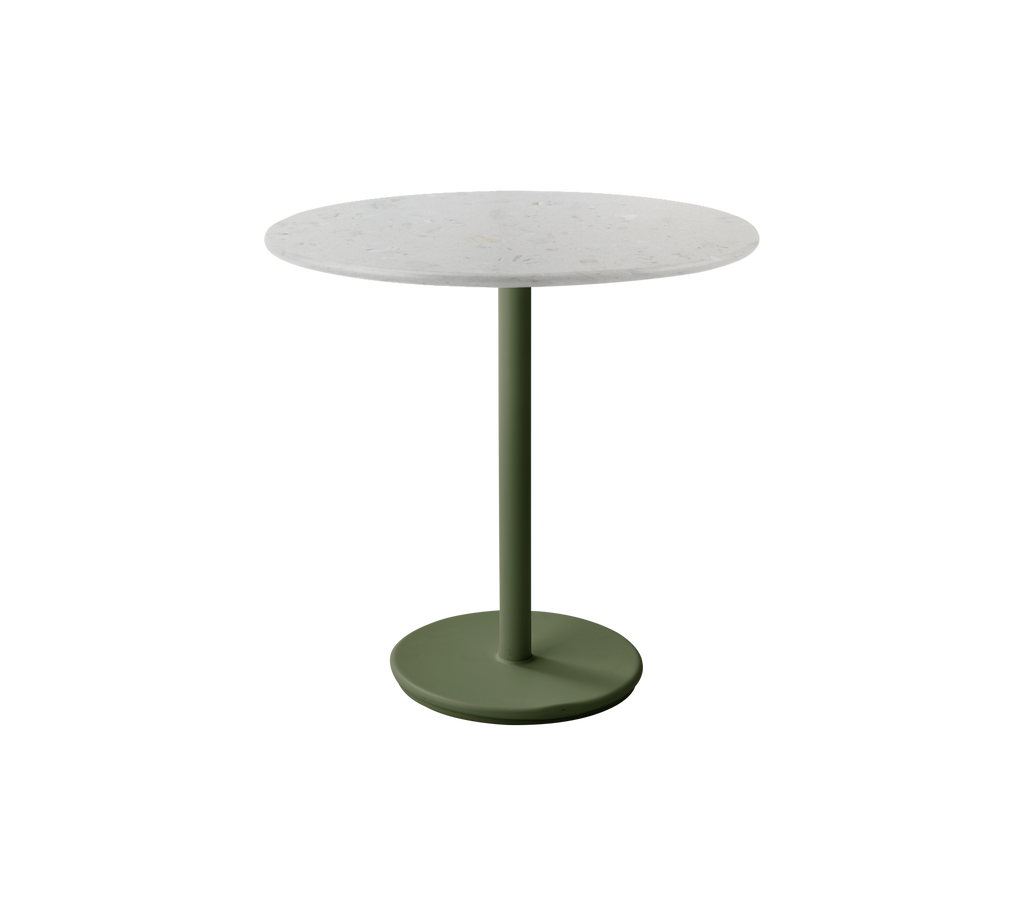 Round table with a dark green base and a white top.