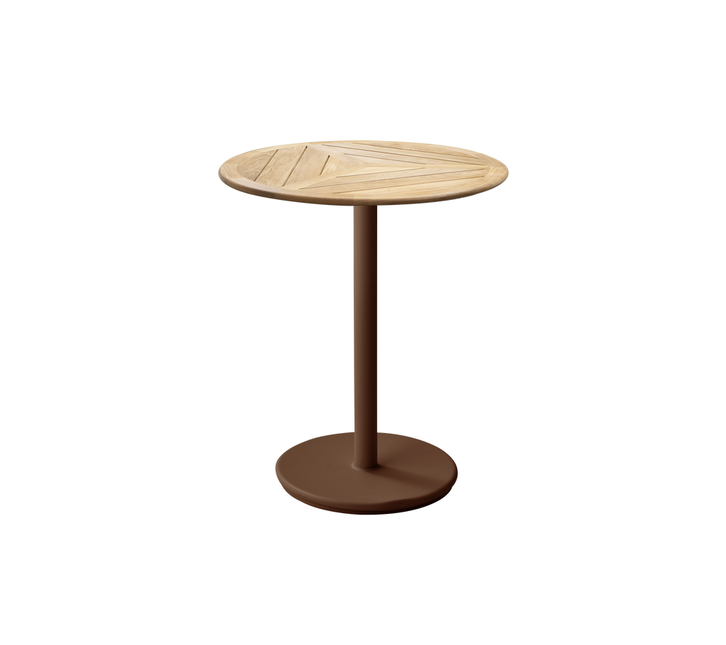 Desert red round table with a wooden top in a simple design.