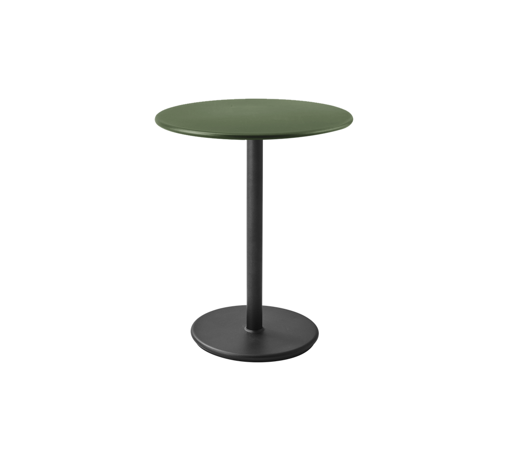 Modern green table with a circular top and sleek base.
