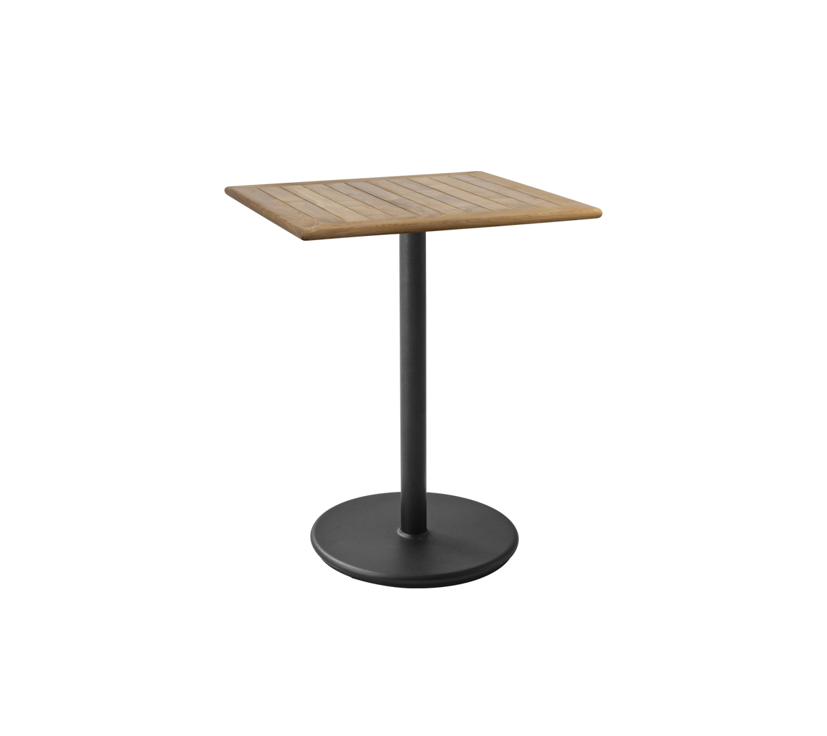 Square table with a slatted wooden top and a sleek black pedestal base, ideal for various settings and styles.