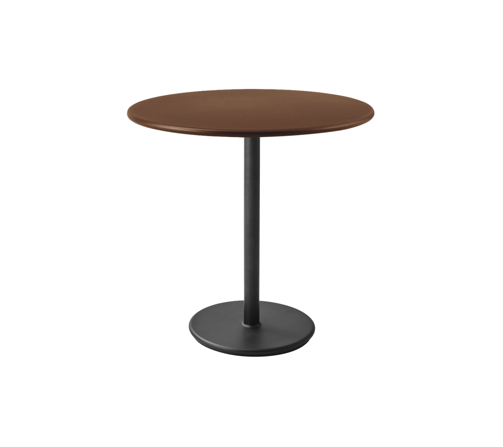 Round table with a brown top and black base.