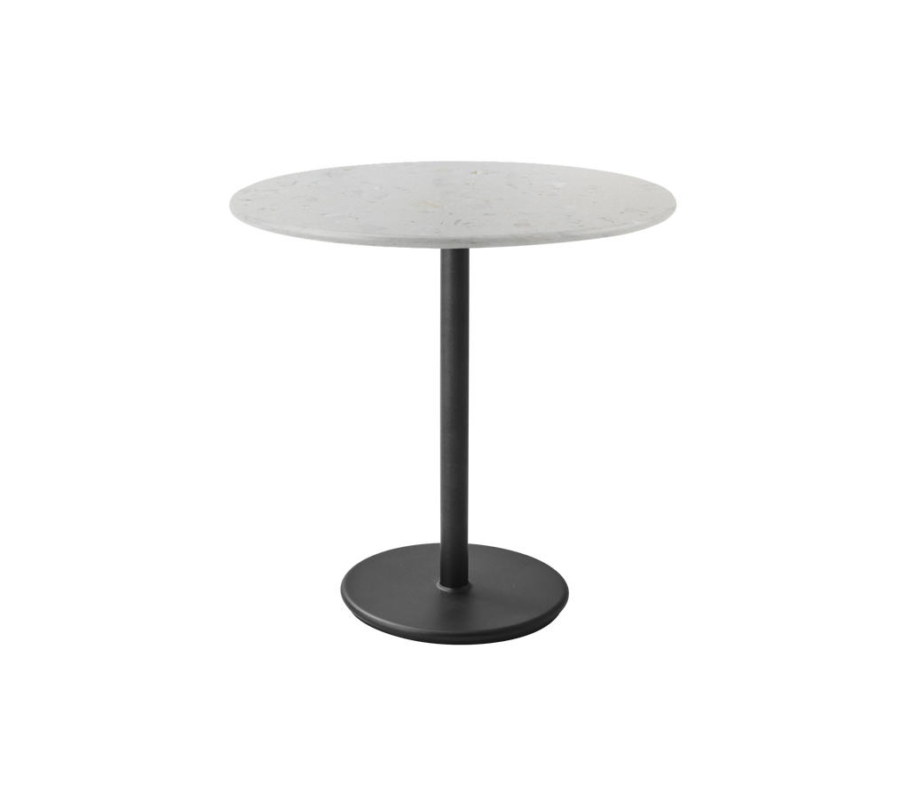 Round grey table with a black pedestal base in a modern design.