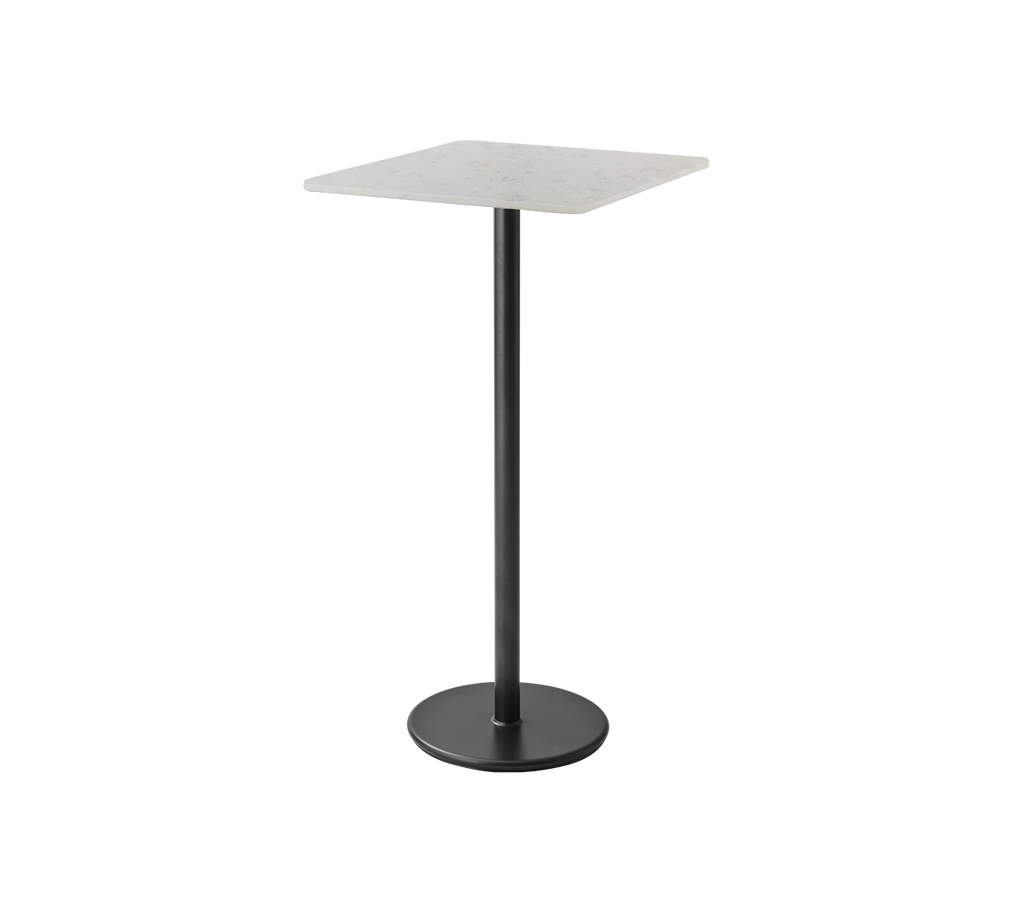 A tall table with a square top and a black base.