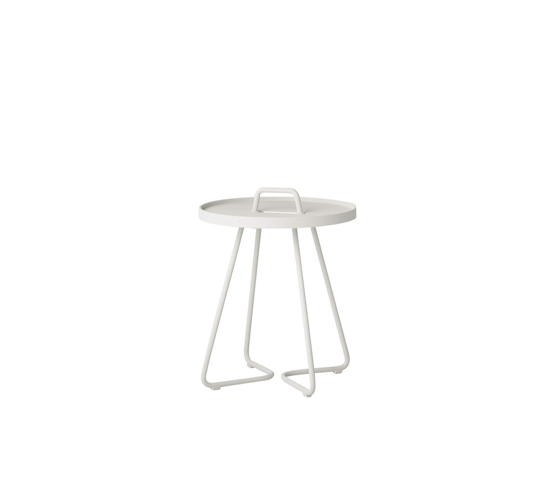 Modern circular side table with a minimalist design and sturdy, angular legs in a clean white finish.