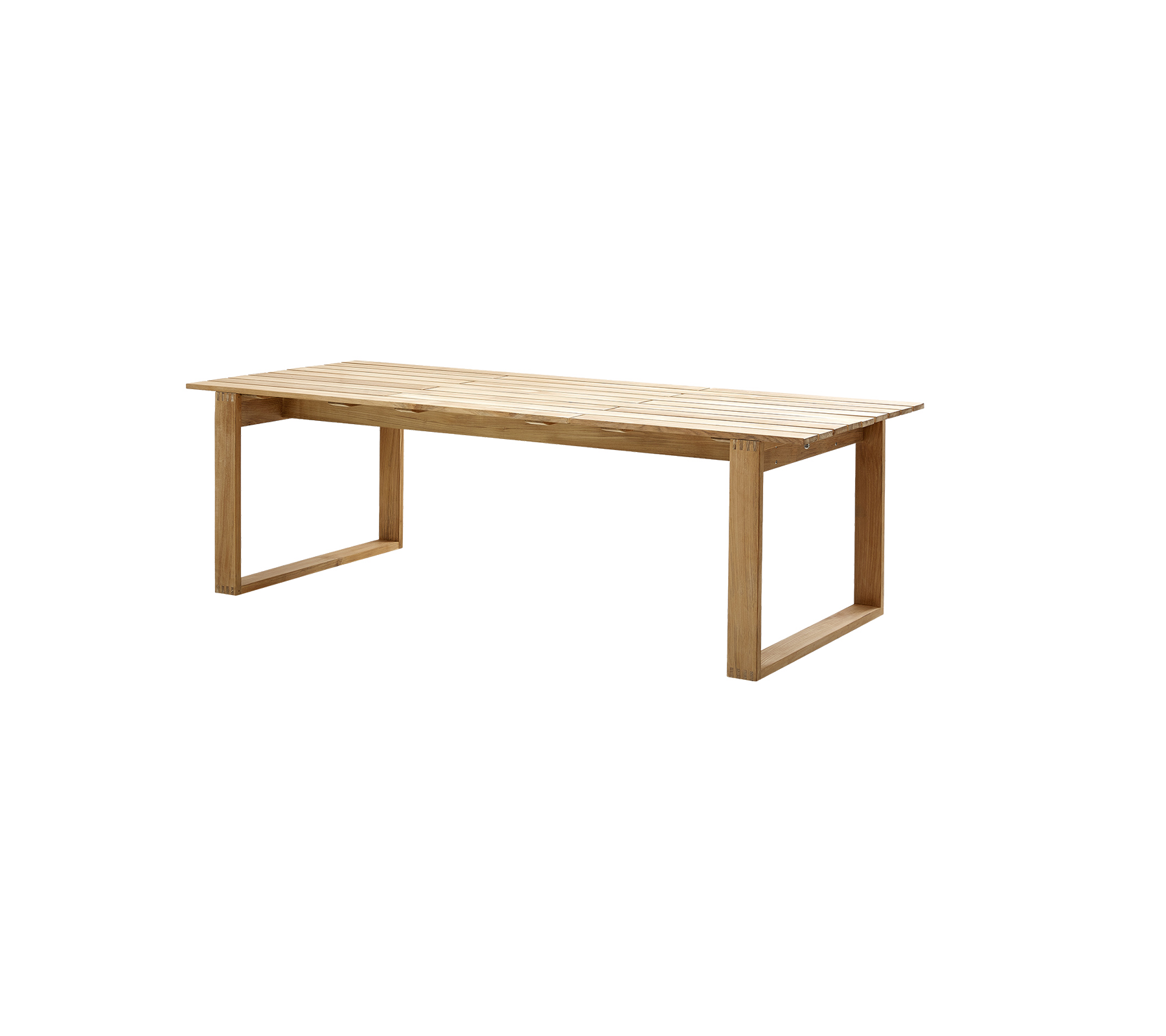Wooden table with a simple, modern design featuring a rectangular top and minimalist legs, ideal for various settings.