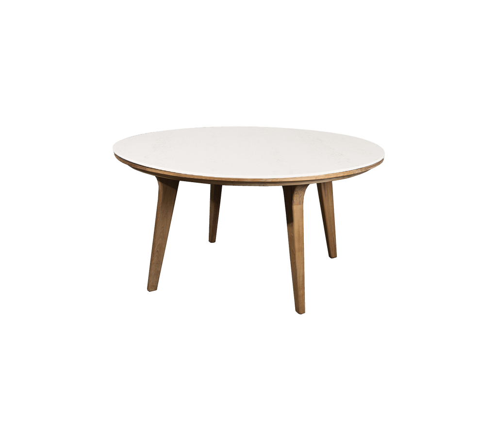 Round table with a smooth white top and wooden legs, ideal for dining or casual gatherings. Elegant and contemporary design.