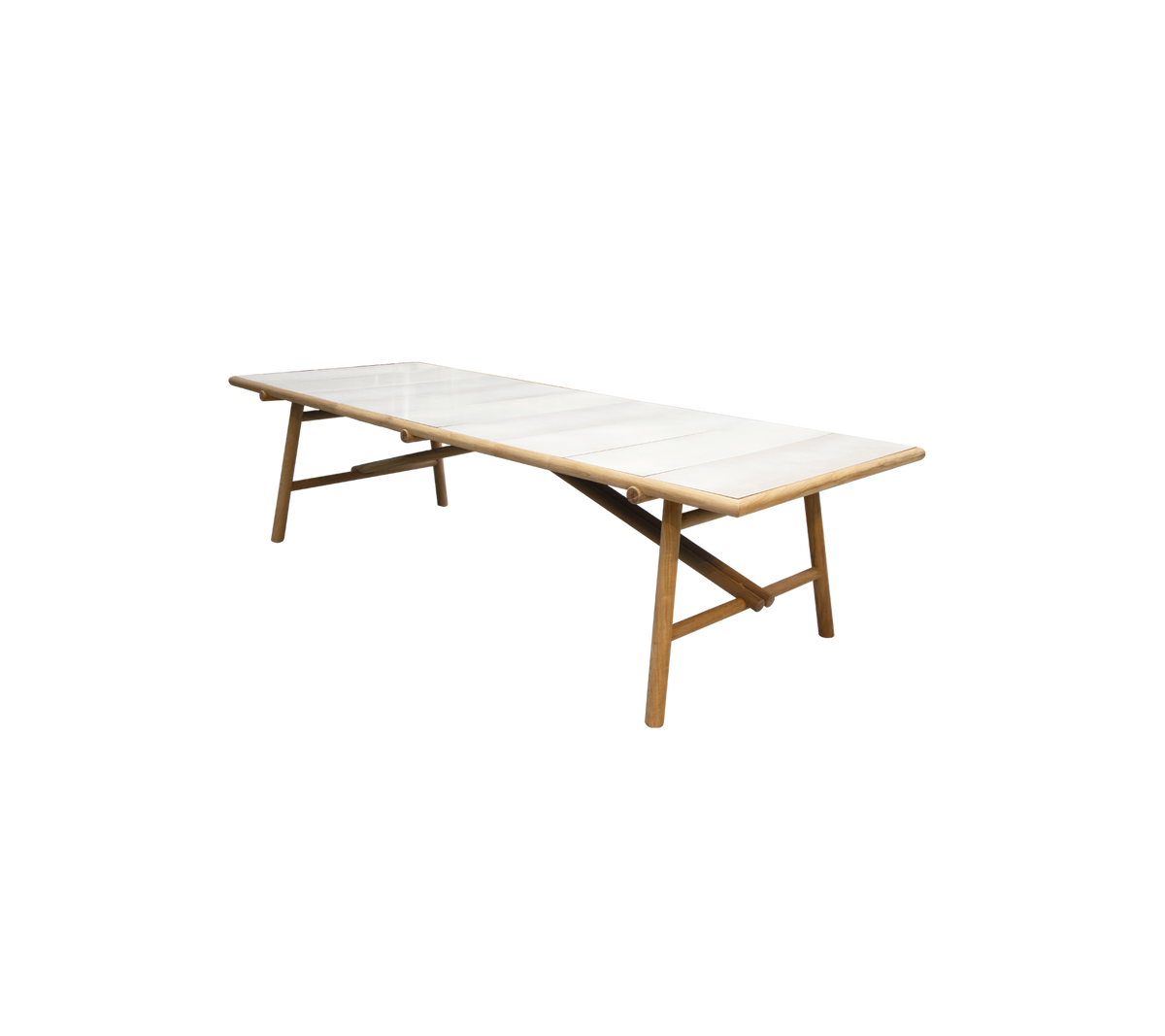 A long, elegant table with a light-colored top and wooden legs, designed for versatility and style in various settings.
