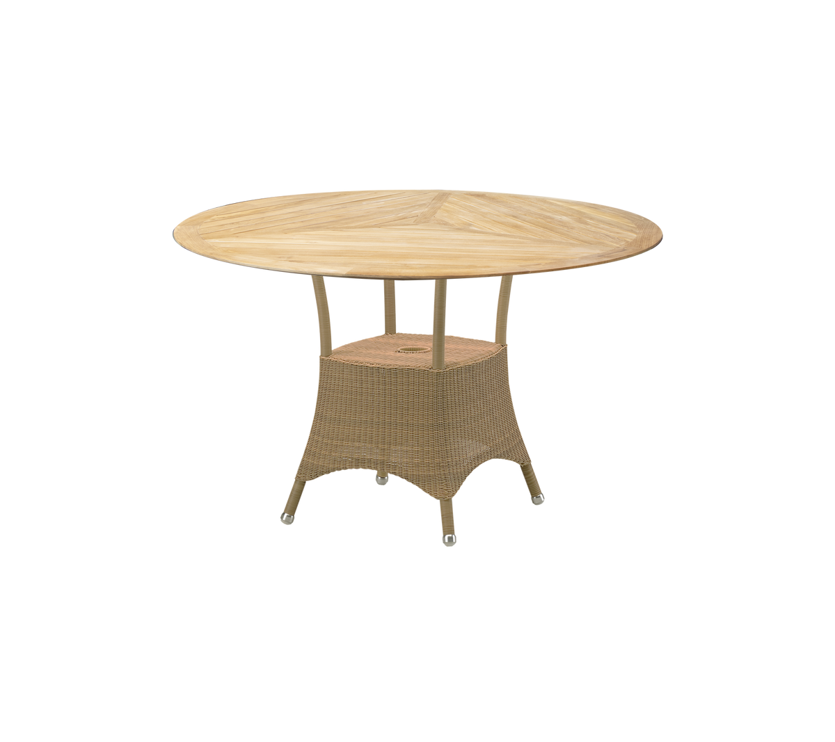 Round table with a wooden top and a woven base, designed for outdoor entertainment and dining. Suitable for vibrant gatherings.
