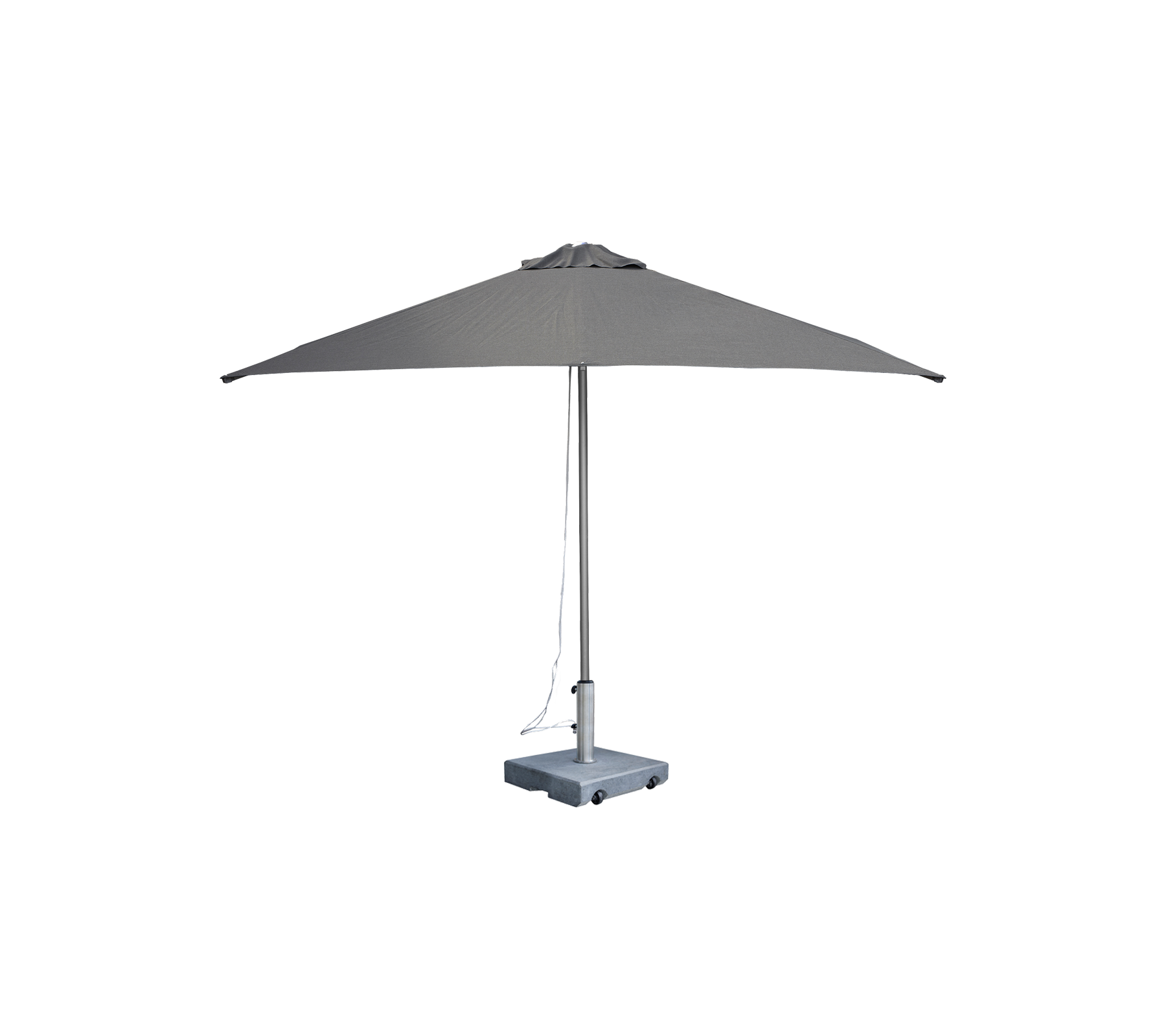 Modern grey umbrella with a sleek design and sturdy base.