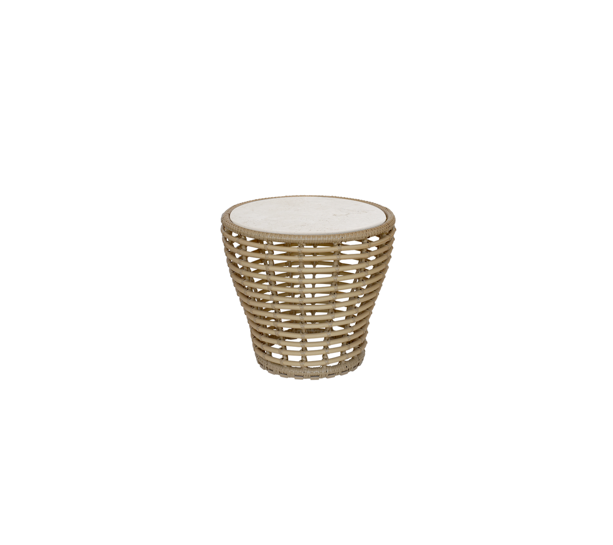 Natural table with a round top and woven design.