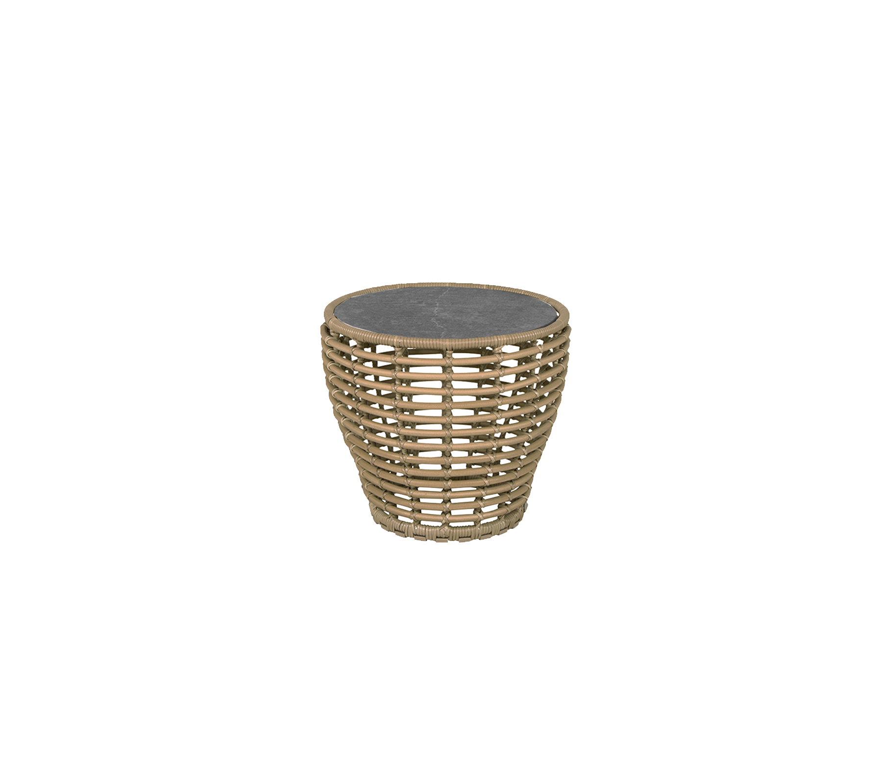Rattan-style side table with a round, slate top, featuring a modern woven design for a stylish accent in any setting.