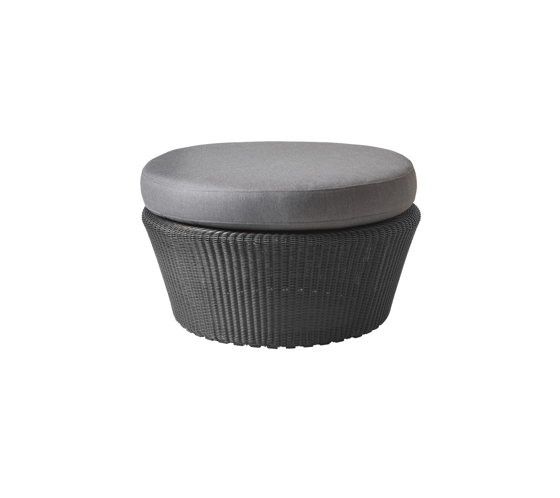 Round ottoman with a woven base and a grey cushioned top, designed for versatile seating and decoration.