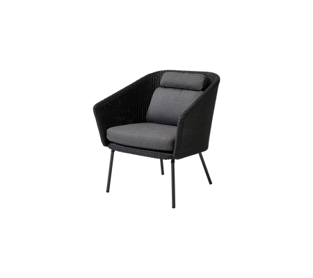 Stylish chair featuring a black woven design and comfortable gray cushions, perfect for relaxation.