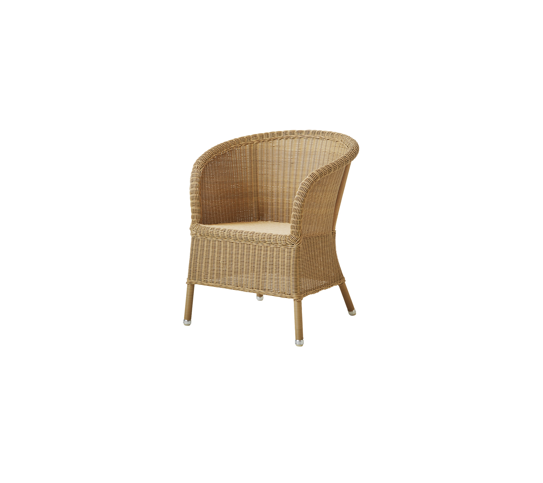 Wicker-style chair with a rounded back and natural finish, featuring a cushioned seat for comfort.