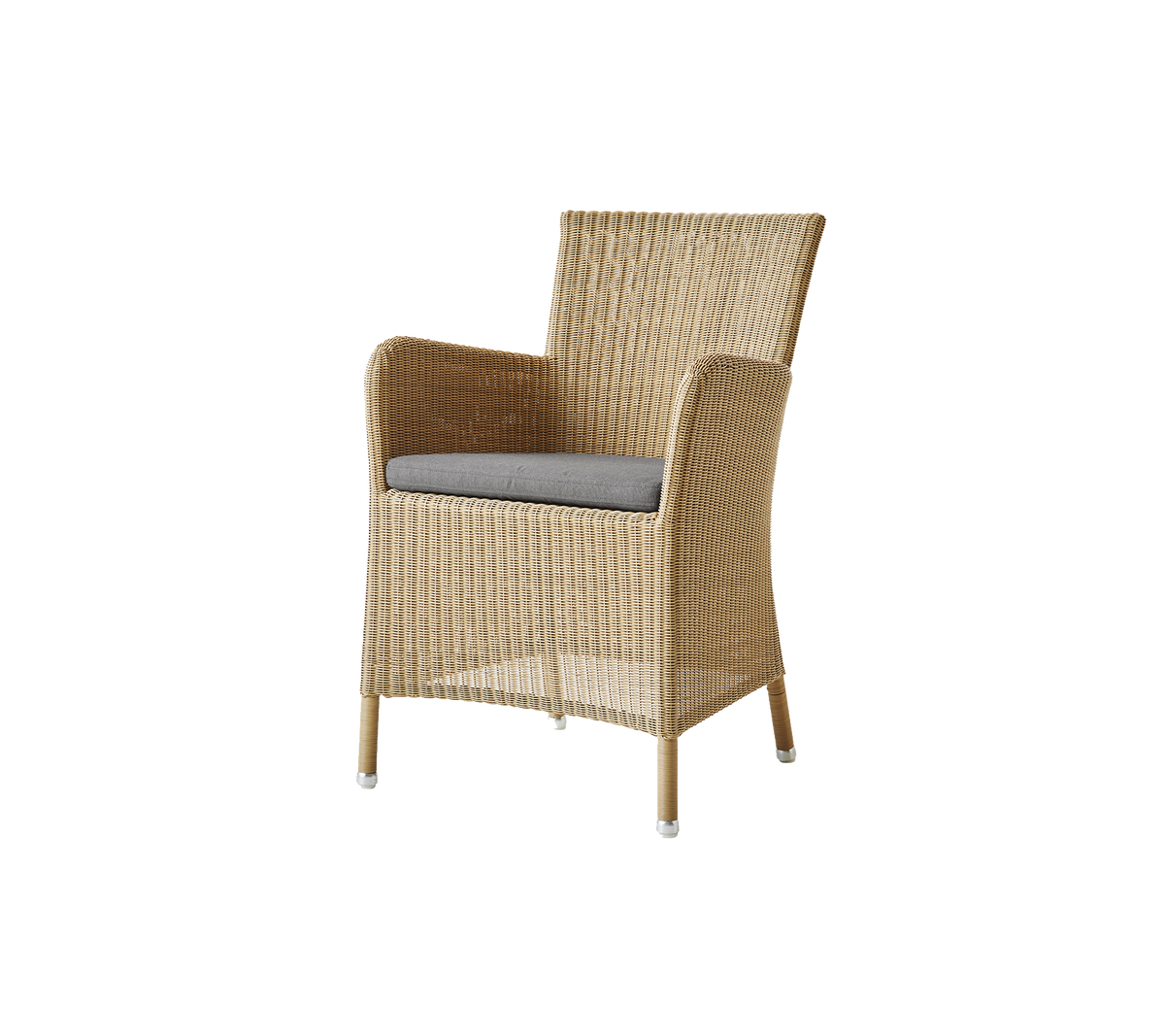 Woven chair with armrests and a comfortable gray cushion, blending style and comfort for versatile seating.