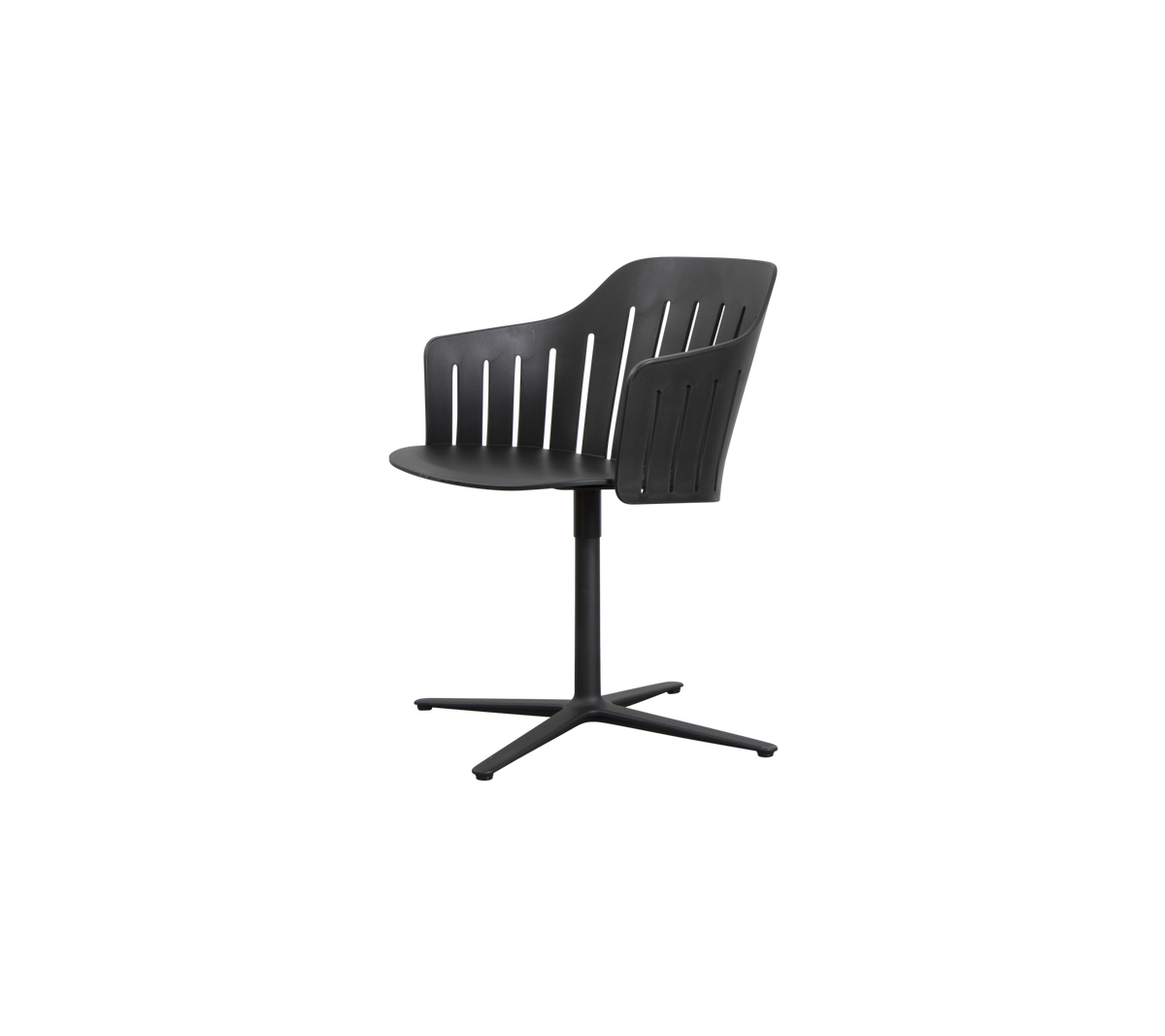Stylish black chair with a curved back, slatted design, and a four-legged base for modern seating.