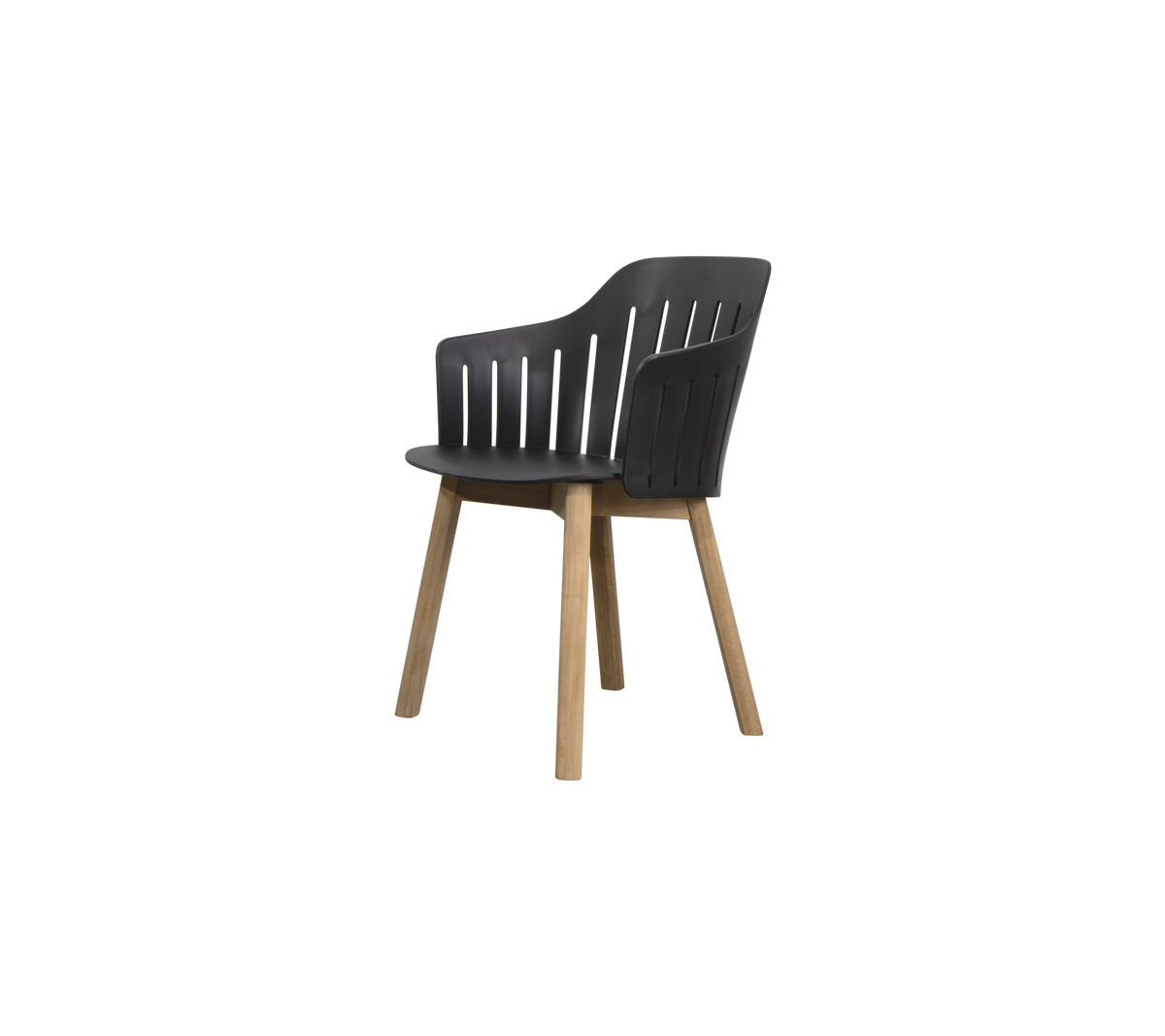 Sleek, modern chair featuring a molded seat with a slatted back and wooden legs for style and comfort.