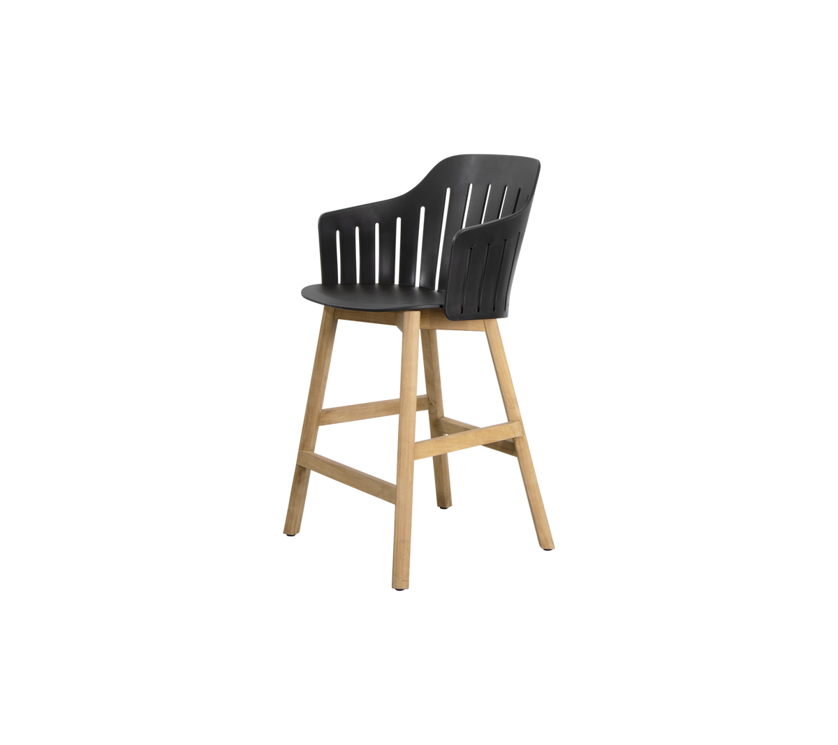 Stylish high chair with a sleek black seat and natural wood legs, offering a modern and comfortable seating option.