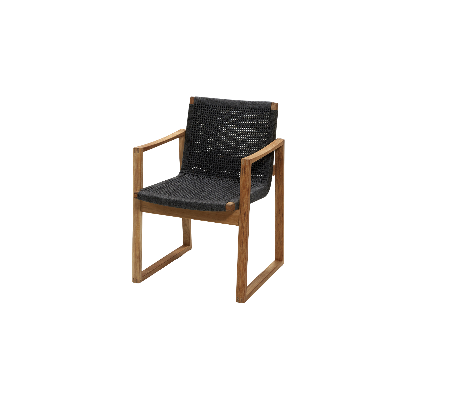 Stylish chair featuring a sleek wooden frame and a comfortable black woven seat and backrest. Ideal for modern decor.