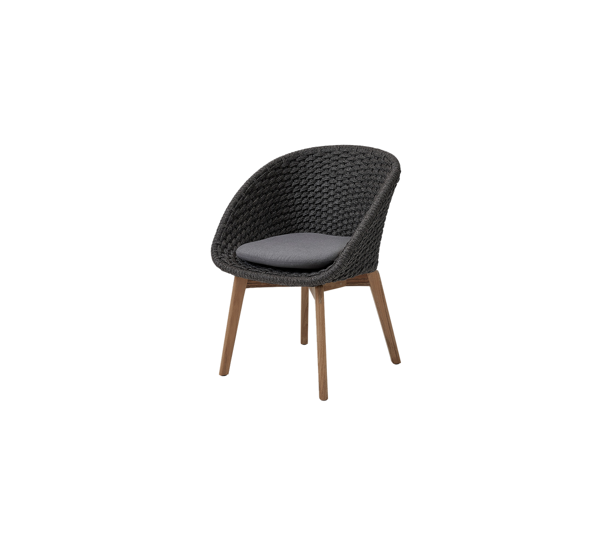 Stylish chair featuring a woven design and a cushioned seat, complemented by wooden legs for added elegance and comfort.