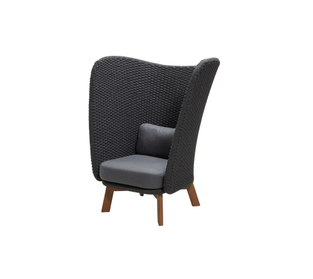 Stylish chair with a high, woven back and comfortable gray cushion, featuring wooden legs for a modern touch.