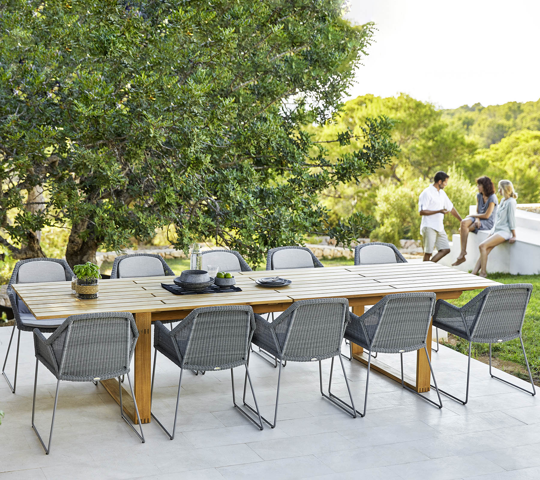 A spacious dining table with modern gray chairs, set for a meal, surrounded by greenery and a relaxing atmosphere.
