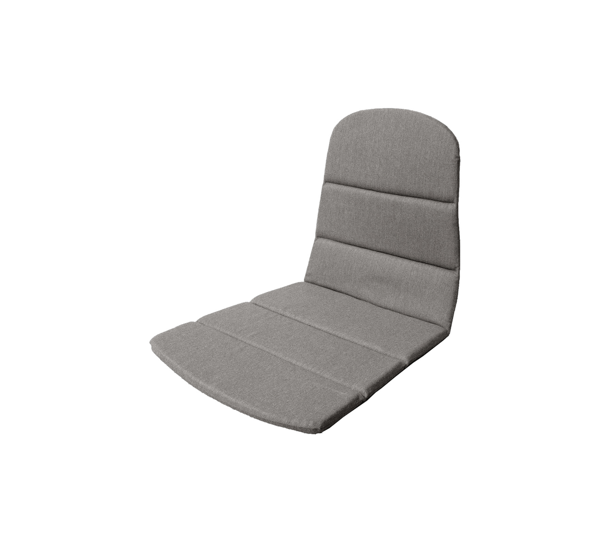Gray cushioned seat with a structured backrest, featuring horizontal stitching for added comfort and support. Suitable for various settings.